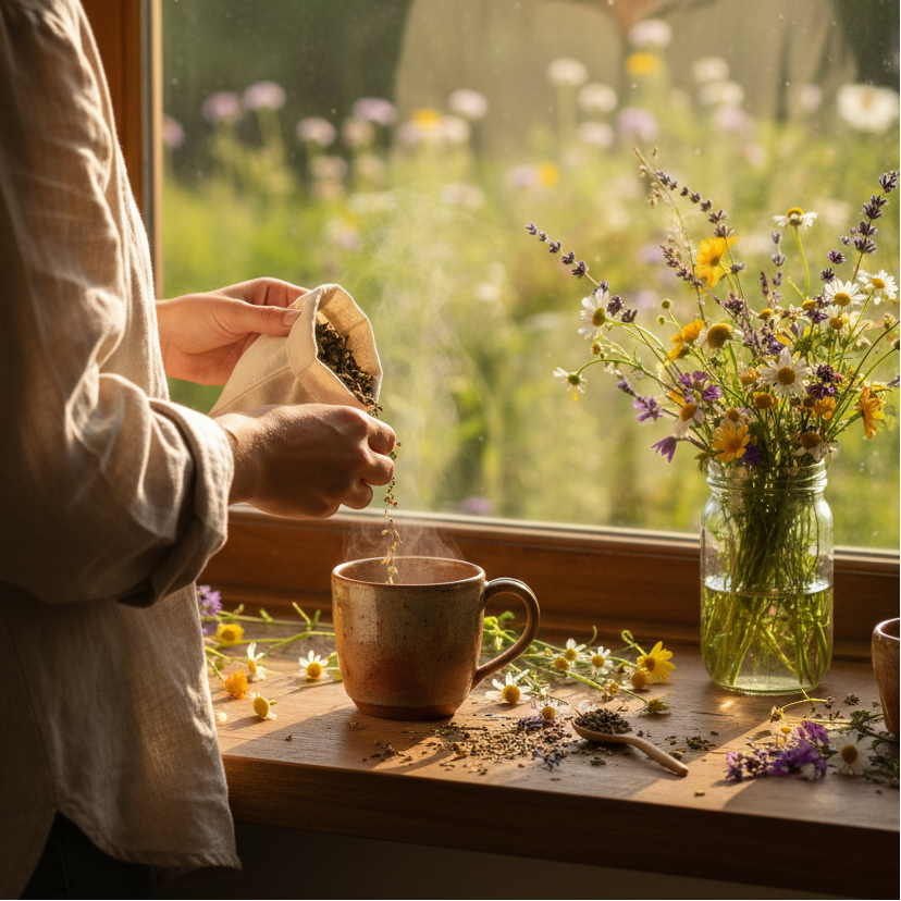 Person preparing tea by a window with flowers and herbs on a wooden table.
